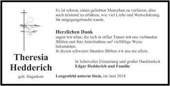 Traueranzeige von Theresia Hedderich von Thüringer Allgemeine, Thüringische Landeszeitung