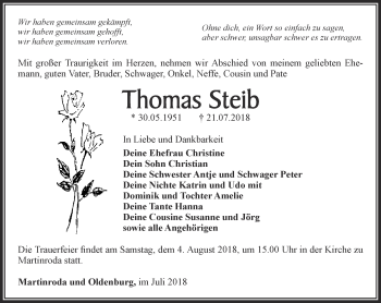 Traueranzeige von Thomas Steib von Thüringer Allgemeine