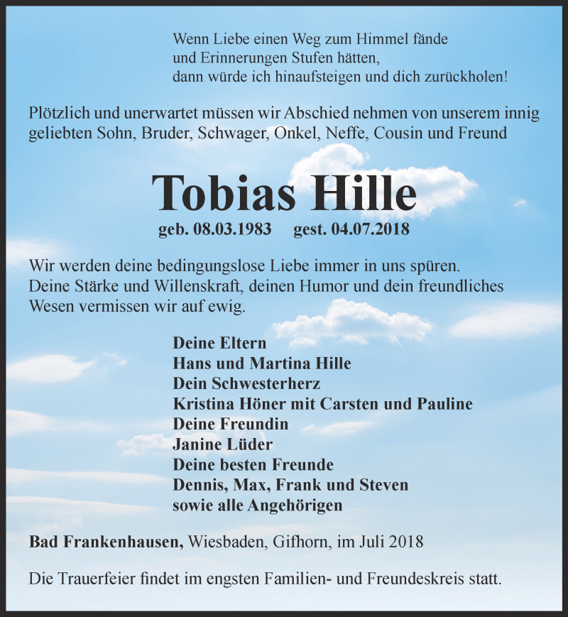  Traueranzeige für Tobias Hille vom 14.07.2018 aus Thüringer Allgemeine