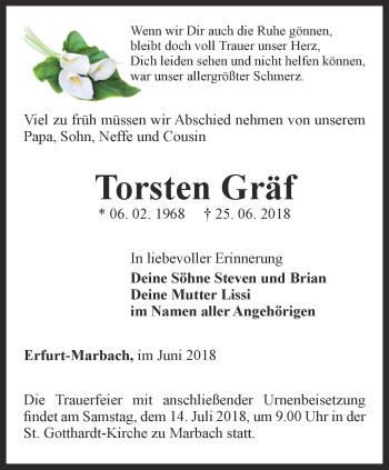 Traueranzeige von Torsten Gräf von Thüringer Allgemeine, Thüringische Landeszeitung