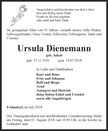 Traueranzeige von Ursula Dienemann von Thüringer Allgemeine