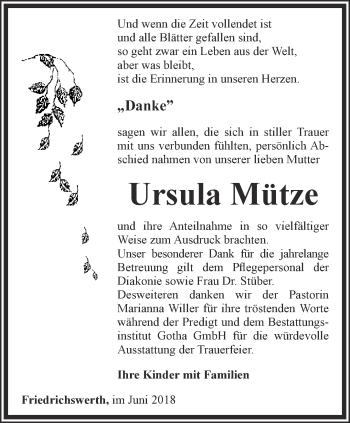 Traueranzeige von Ursula Mütze von Ostthüringer Zeitung, Thüringische Landeszeitung