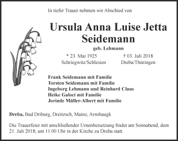 Traueranzeige von Ursula Anna Luise Jetta Seidemann