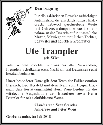 Traueranzeige von Ute Trampler von Thüringer Allgemeine, Thüringische Landeszeitung