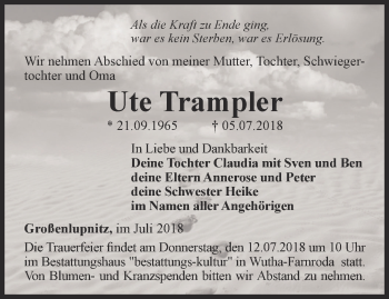 Traueranzeige von Ute Trampler von Thüringer Allgemeine, Thüringische Landeszeitung