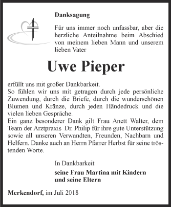 Traueranzeige von Uwe Pieper von Ostthüringer Zeitung