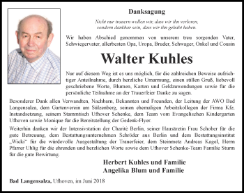 Traueranzeige von Walter Kuhles von Thüringer Allgemeine, Thüringische Landeszeitung