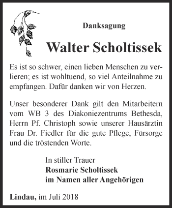 Traueranzeige von Walter Scholtissek von Ostthüringer Zeitung