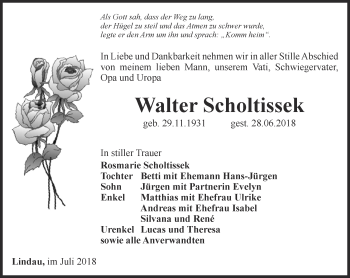 Traueranzeige von Walter Scholtissek von Ostthüringer Zeitung
