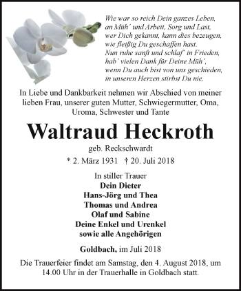 Traueranzeige von Waltraud Heckroth von Ostthüringer Zeitung, Thüringische Landeszeitung