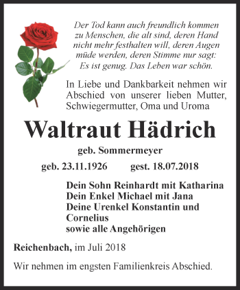 Traueranzeige von Waltraut Hädrich von Ostthüringer Zeitung