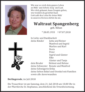 Traueranzeige von Waltraut Spangenberg von Thüringer Allgemeine