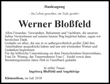 Traueranzeige von Werner Bloßfeld von Thüringer Allgemeine, Thüringische Landeszeitung
