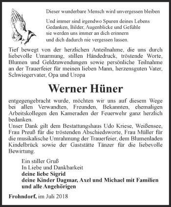 Traueranzeige von Werner Hüner von Thüringer Allgemeine