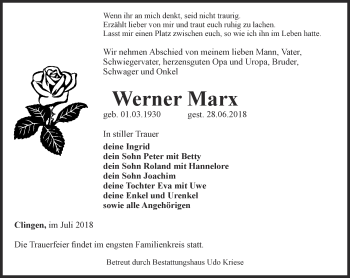 Traueranzeige von Werner Marx von Thüringer Allgemeine