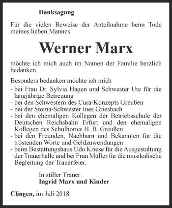 Traueranzeige von Werner Marx von Thüringer Allgemeine