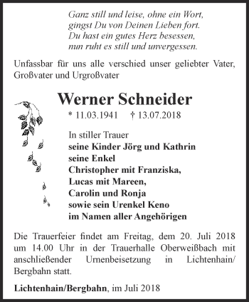 Traueranzeige von Werner Schneider von Ostthüringer Zeitung