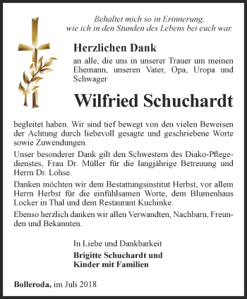 Traueranzeige von Wilfried Schuchardt von Thüringer Allgemeine, Thüringische Landeszeitung