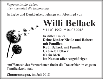 Traueranzeige von Willi Bellack von Thüringer Allgemeine, Thüringische Landeszeitung