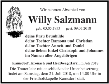 Traueranzeige von Willy Salzmann von Ostthüringer Zeitung