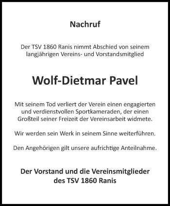 Traueranzeige von Wolf-Dietmar Pavel von Ostthüringer Zeitung