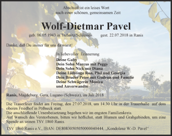 Traueranzeige von Wolf-Dietmar Pavel von Ostthüringer Zeitung