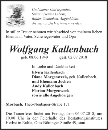 Traueranzeige von Wolfgang Kallenbach von Thüringer Allgemeine, Thüringische Landeszeitung