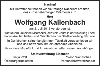 Traueranzeige von Wolfgang Kallenbach von Thüringer Allgemeine, Thüringische Landeszeitung