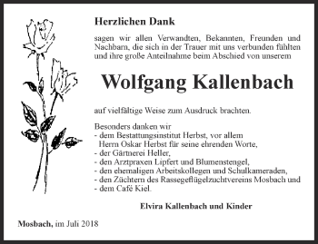 Traueranzeige von Wolfgang Kallenbach von Thüringer Allgemeine, Thüringische Landeszeitung