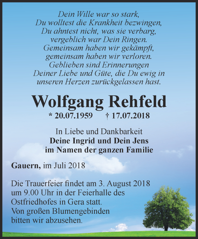  Traueranzeige für Wolfgang Rehfeld vom 25.07.2018 aus Ostthüringer Zeitung