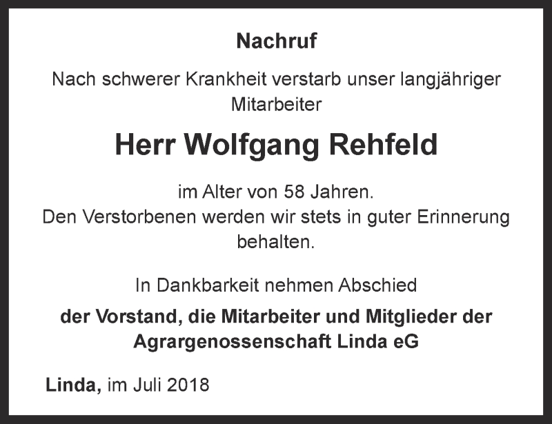  Traueranzeige für Wolfgang Rehfeld vom 28.07.2018 aus Ostthüringer Zeitung