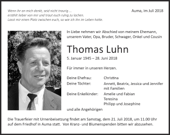 Traueranzeige von Thomas Luhn von Thüringer Allgemeine, Thüringische Landeszeitung, Ostthüringer Zeitung