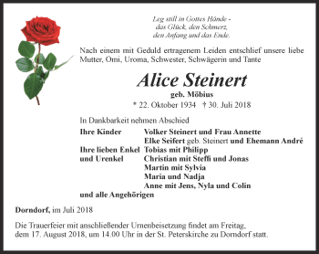 Traueranzeige von Alice Steinert von Ostthüringer Zeitung, Thüringische Landeszeitung