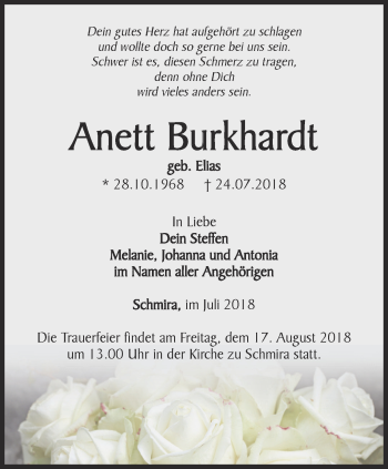 Traueranzeige von Anett Burkhardt von Thüringer Allgemeine, Thüringische Landeszeitung