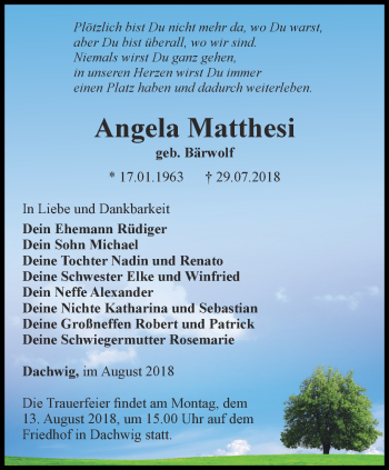 Traueranzeige von Angela Matthesi von Thüringer Allgemeine, Thüringische Landeszeitung