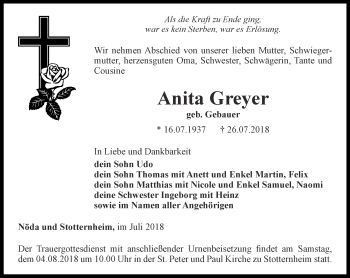 Traueranzeige von Anita Greyer von Thüringer Allgemeine, Thüringische Landeszeitung