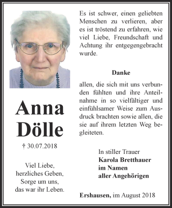 Traueranzeige von Anna Dölle von Thüringer Allgemeine