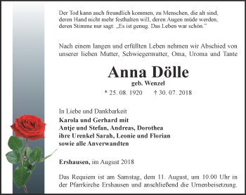 Traueranzeige von Anna Dölle von Thüringer Allgemeine