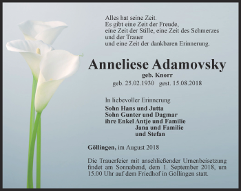 Traueranzeige von Anneliese Adamovsky von Thüringer Allgemeine