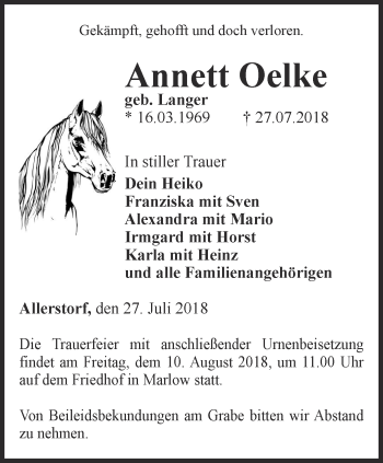 Traueranzeige von Annett Oelke von Thüringer Allgemeine, Thüringische Landeszeitung