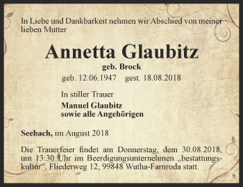 Traueranzeige von Annetta Glaubitz von Thüringer Allgemeine, Thüringische Landeszeitung