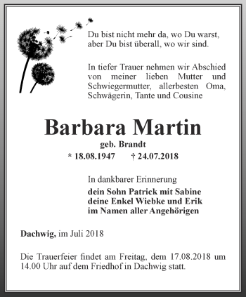 Traueranzeige von Barbara Martin von Thüringer Allgemeine, Thüringische Landeszeitung