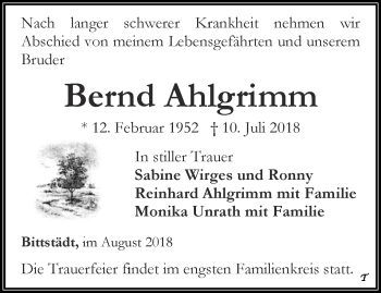 Traueranzeige von Bernd Ahlgrimm von Thüringer Allgemeine