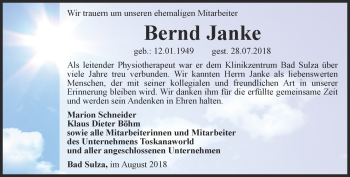 Traueranzeige von Bernd  Janke von Thüringer Allgemeine, Thüringische Landeszeitung