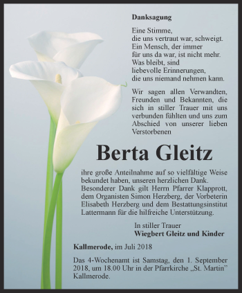 Traueranzeige von Berta Gleitz von Thüringer Allgemeine