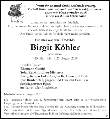 Traueranzeige von Birgit Köhler von Thüringer Allgemeine