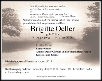 Traueranzeige von Brigitte Oeller von Thüringer Allgemeine