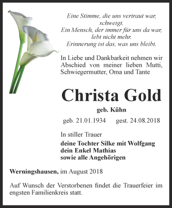 Traueranzeige von Christa Gold von Thüringer Allgemeine