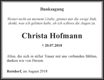 Traueranzeige von Christa Hofmann von Thüringer Allgemeine, Thüringische Landeszeitung