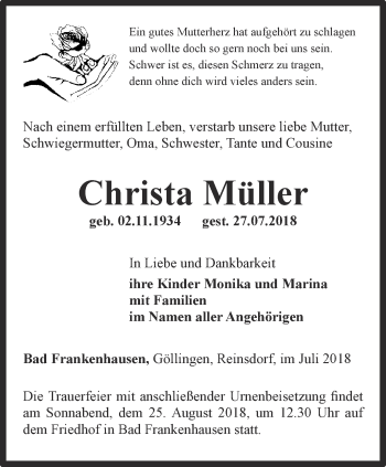 Traueranzeige von Christa Müller von Thüringer Allgemeine